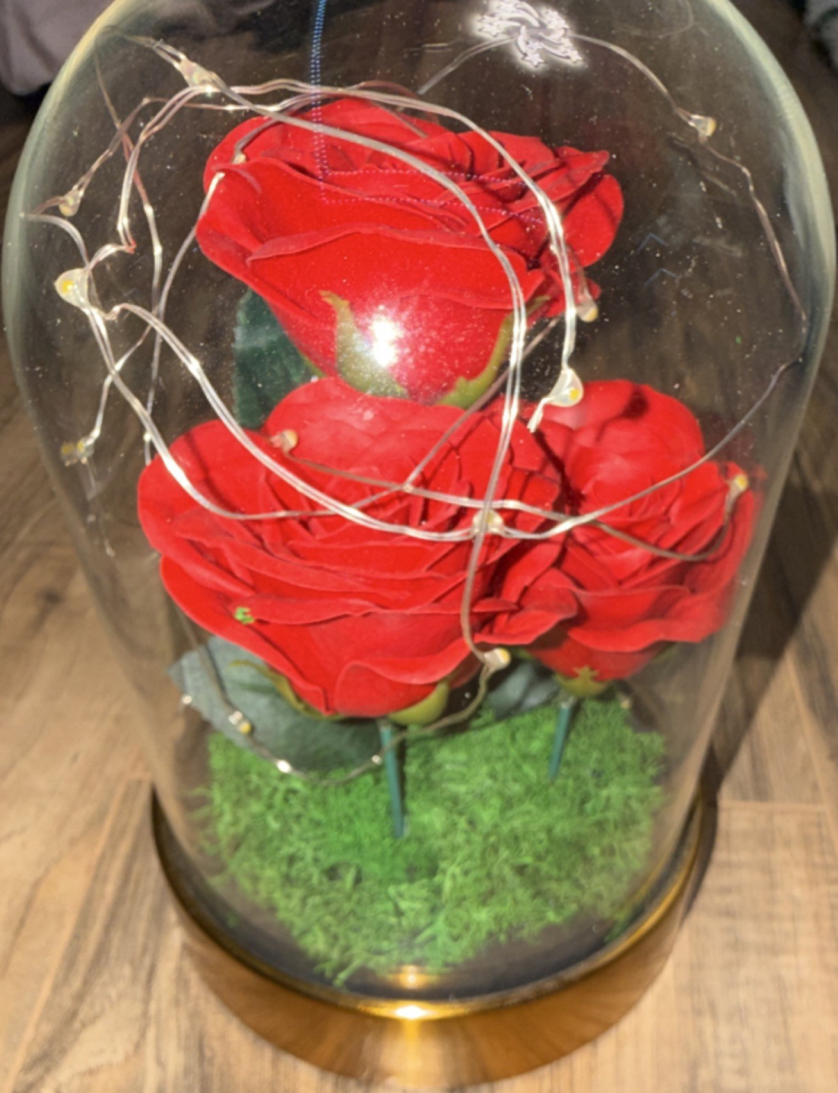 Artificial Red Rose Arrangement in Glass Dome with Gold and Green Accents