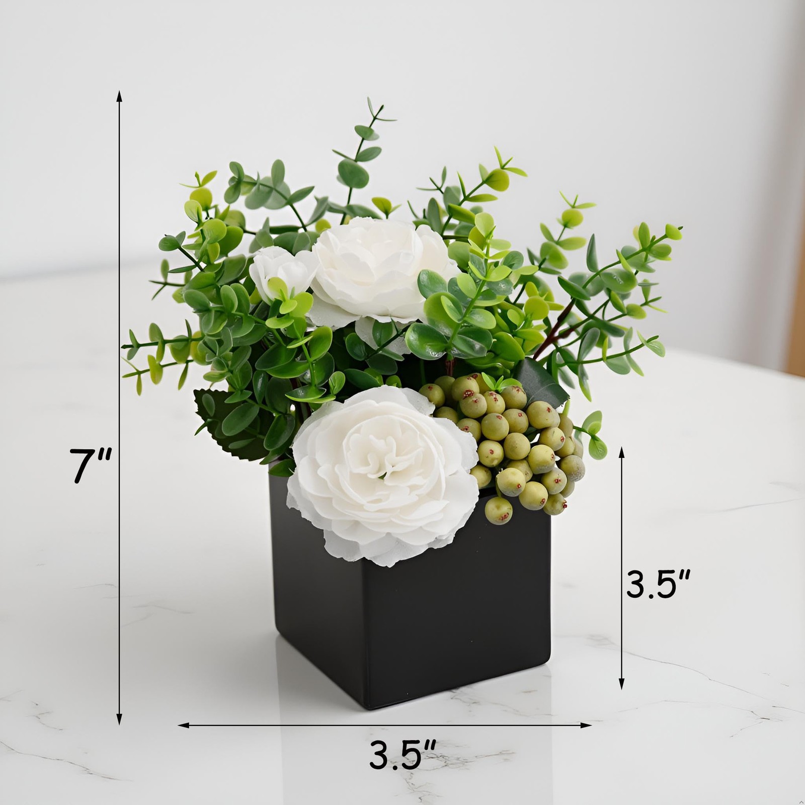 Artificial White Peony Flowers Eucalyptus Berries Black Square Vase Fake Plant