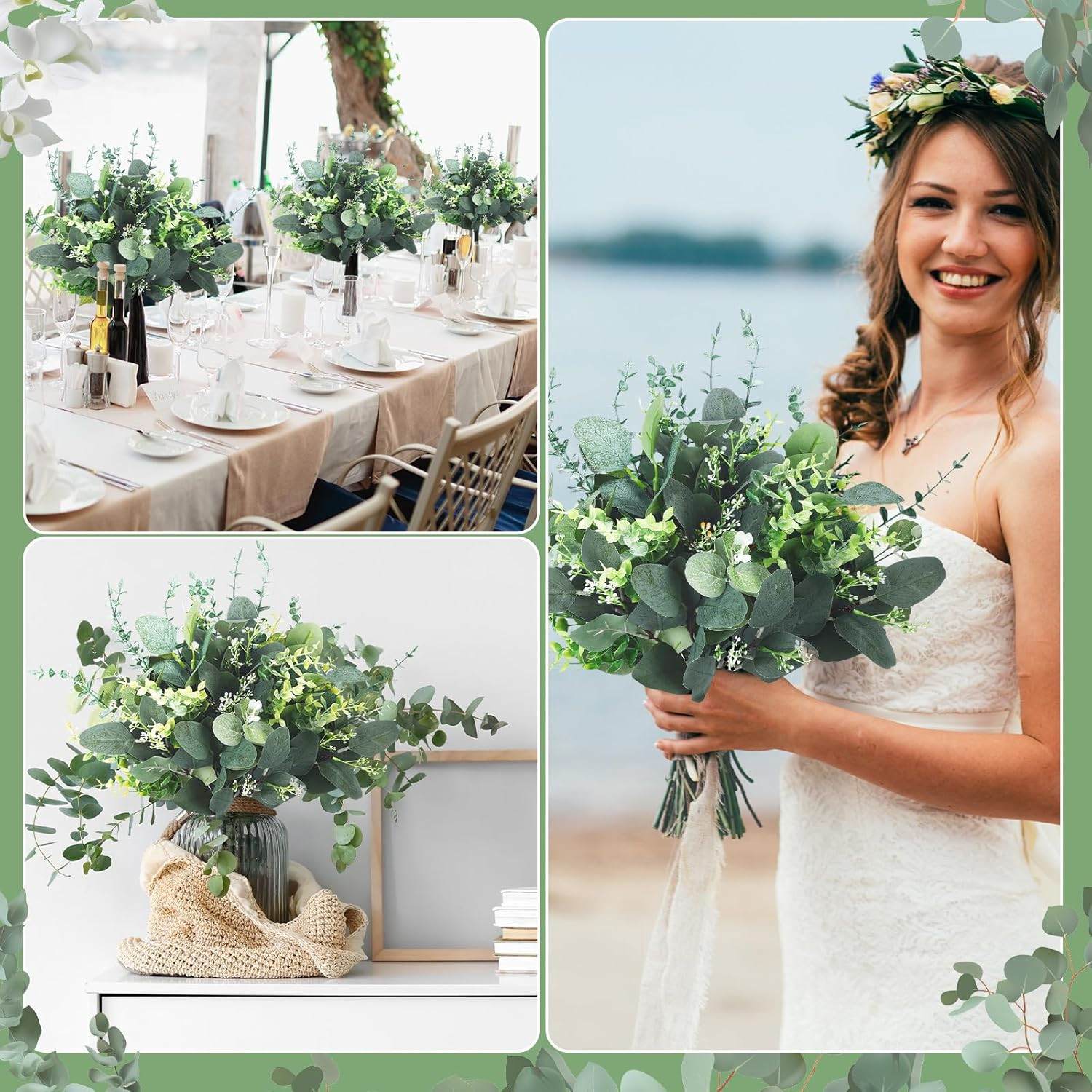 500 Pcs 6 Kinds Mixed Greenery Stem Artificial Faux Eucalyptus Leaves Silver Dol