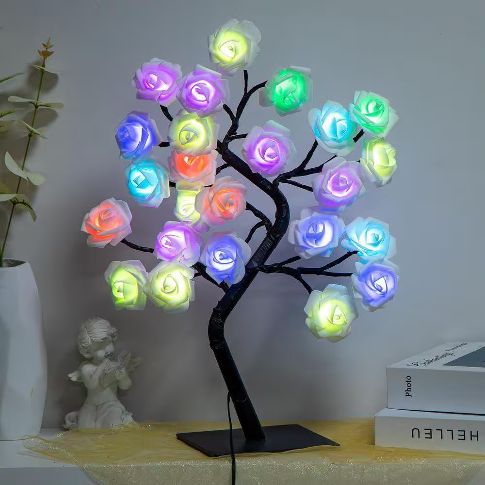 Artificial Rose Tree Lamp Multicolor LED Flower Night Light Tabletop Bonsai Tree
