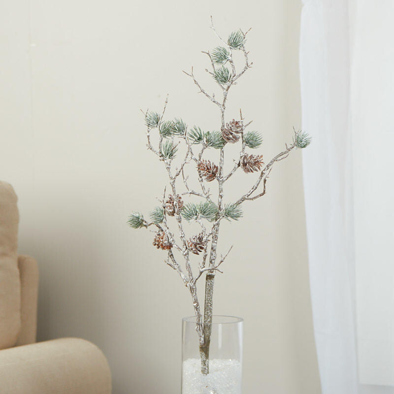 Set of 2 Winter White Artificial 25-1/2″ Pine Branches with Pine Cones