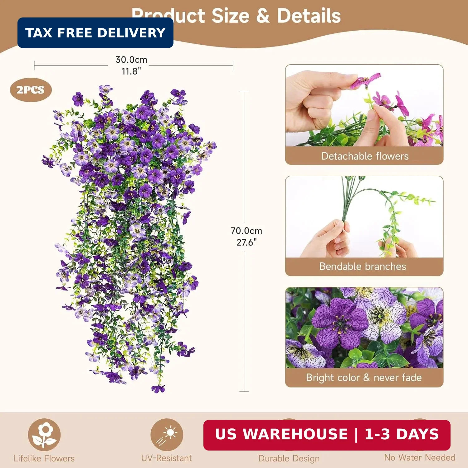 Artificial Hanging Flowers for Outdoors Faux Plants Spring Porch Decor 2 Pcs