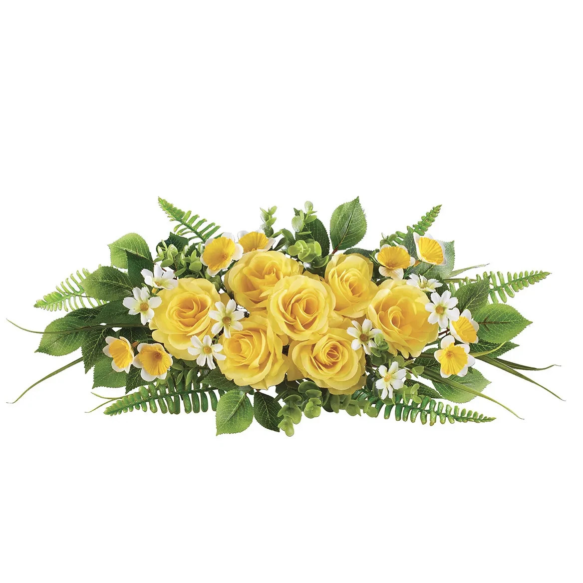 Artificial Yellow Roses and Greenery Memorial Arrangement Cemetery Garden Stake