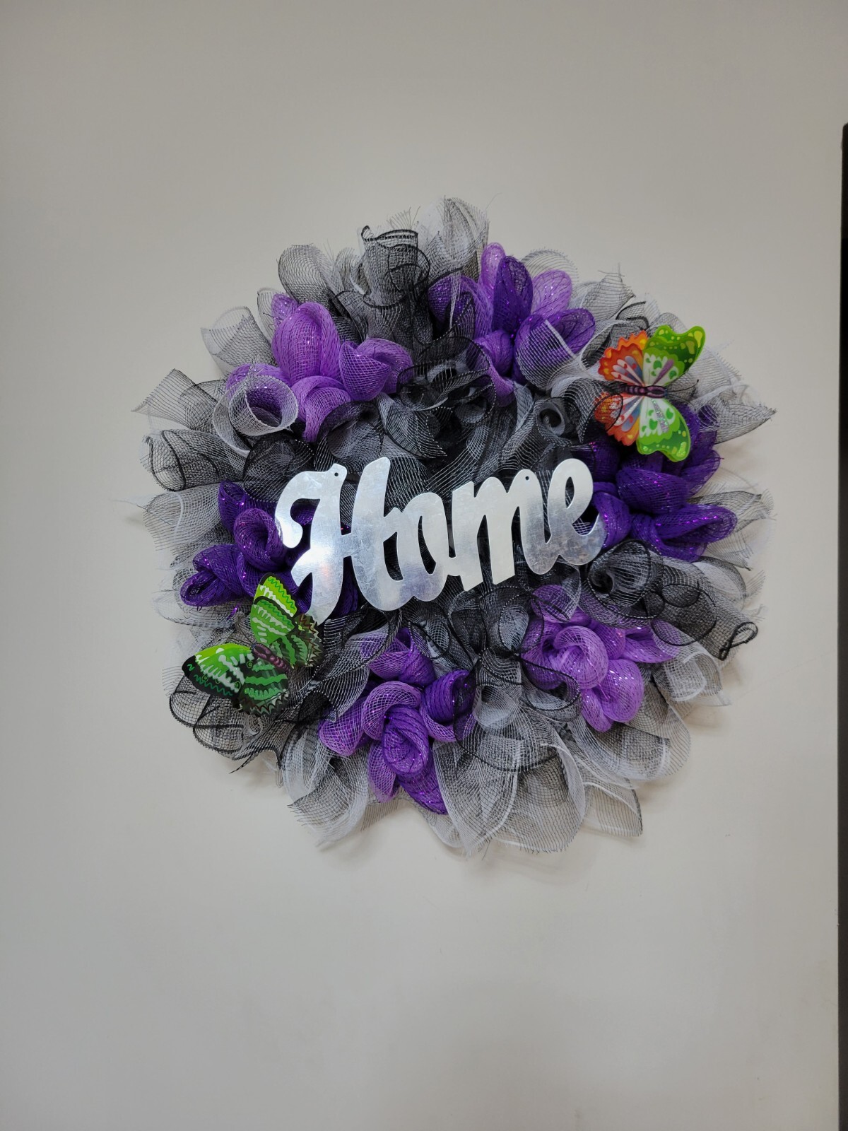 HOME black purple white Spring Summer Fall Wreath bunny Mesh Front Door Decor