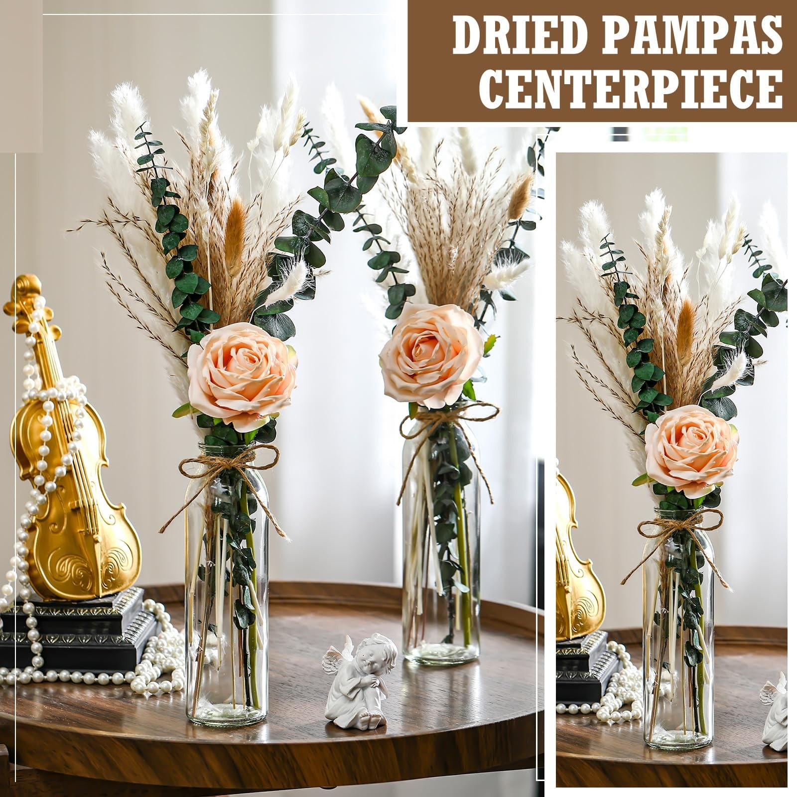 10 Set Dried Pampas Grass Centerpiece, 10 Glass Jars & Roses for Rustic Decor