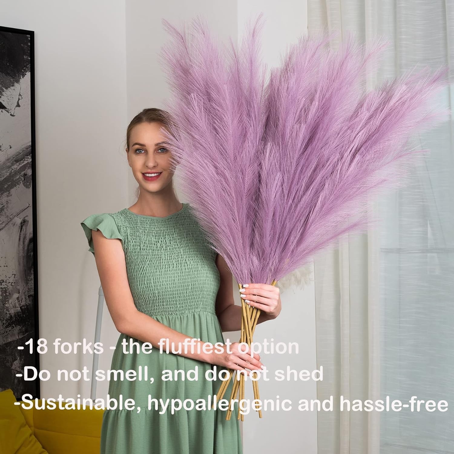 Luxurious 6-Stem Faux Pampas Grass – 43″ Light Purple Decor for Elevating Spaces