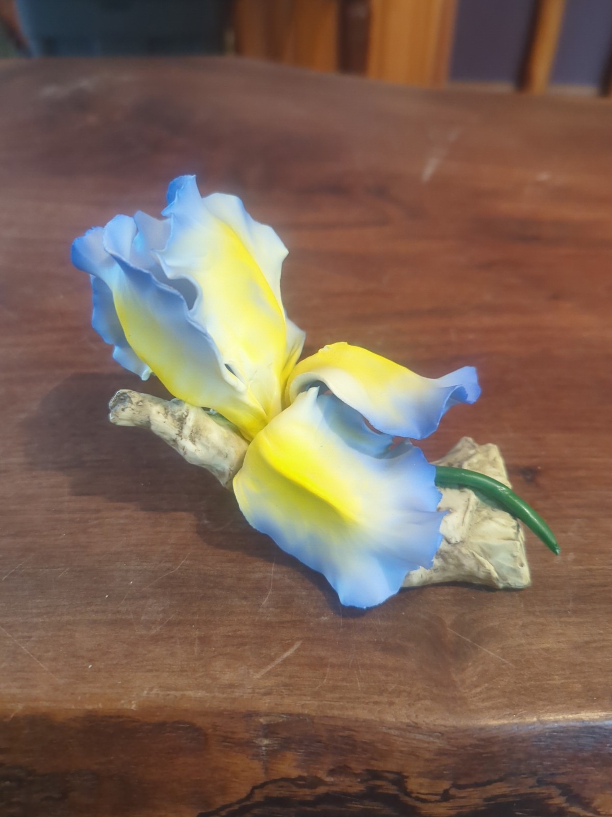 Vintage Blue Yellow Iris Fabar Capodimonte Porcelain Italy Flower Sculpture