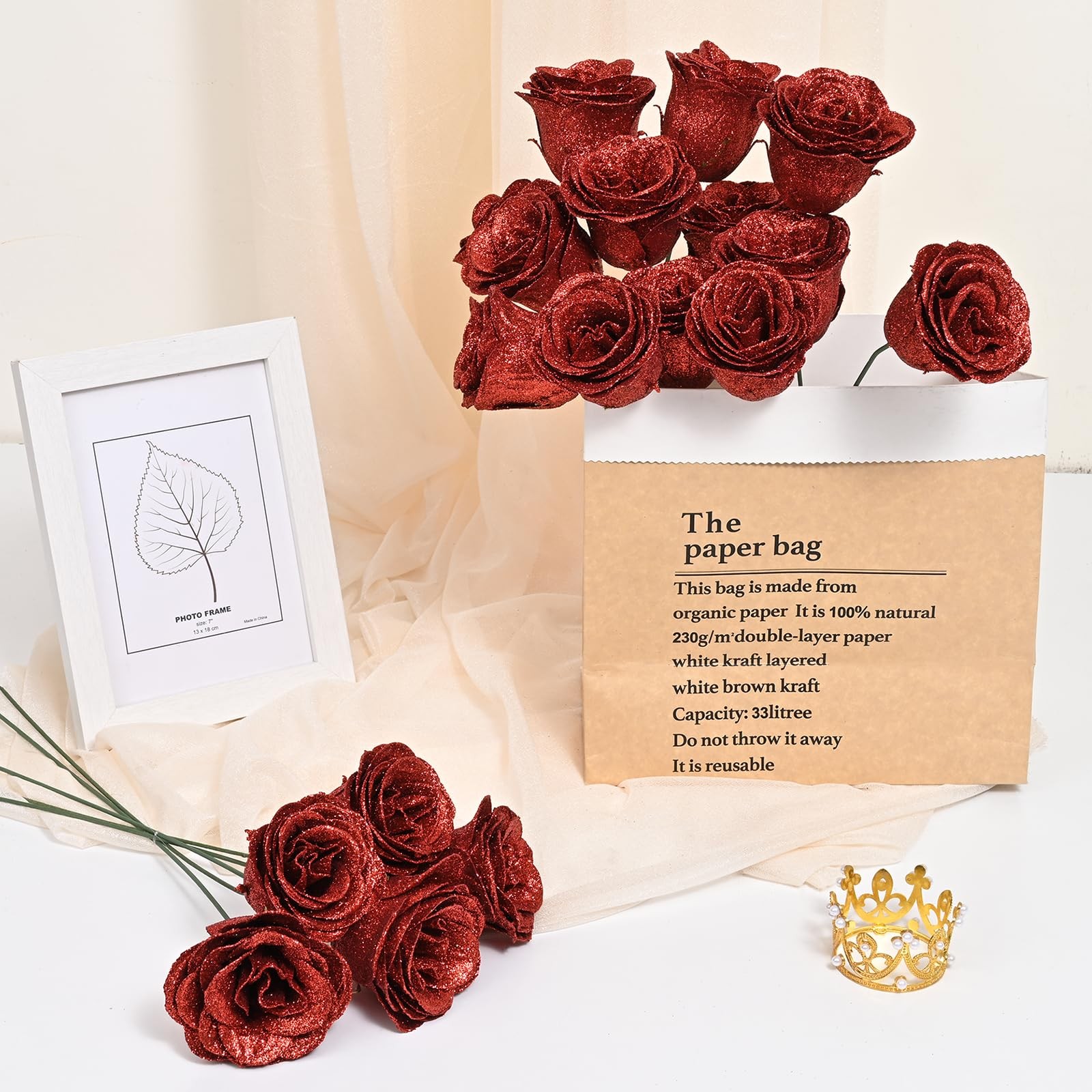 24-Rose Red Glitter Roses Bouquet DIY Fake Glitter Flowers Everlasting