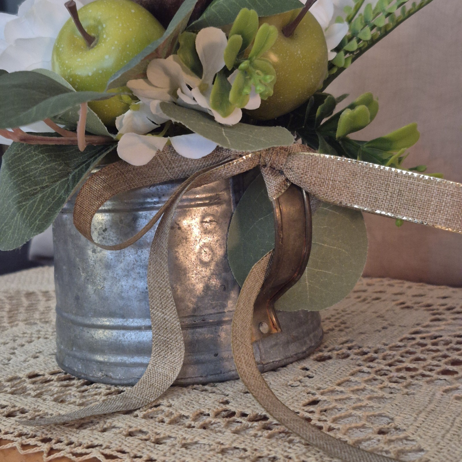 Floral Centerpiece, Vintage Metal Watering Can Cottagecore Faux Flowers