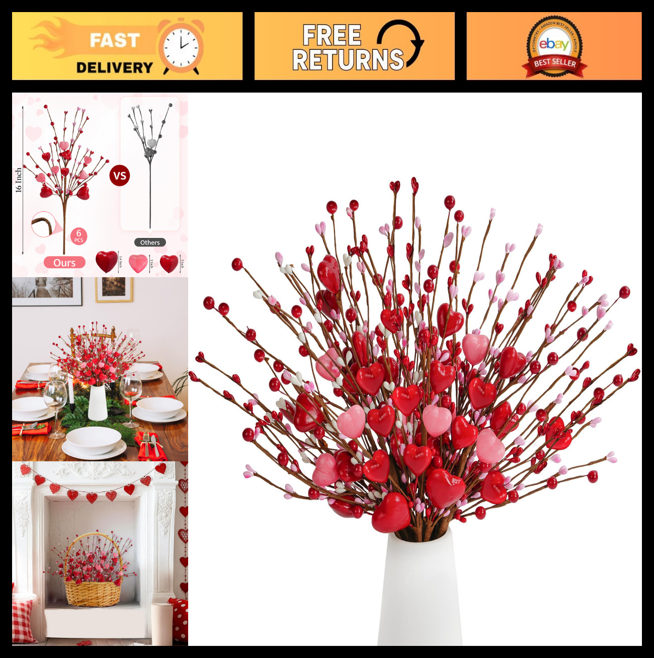 Valentine’s Day Decorations – 6 Pcs Heart Picks with Red Pink Flowers & Berries