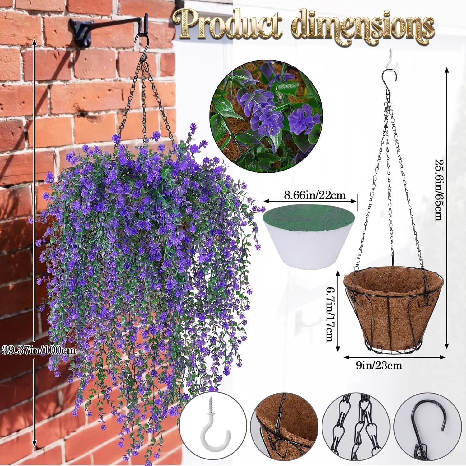 2 Set Artificial Flower Hanging Baskets for Outdoors, UV Resistant Purple