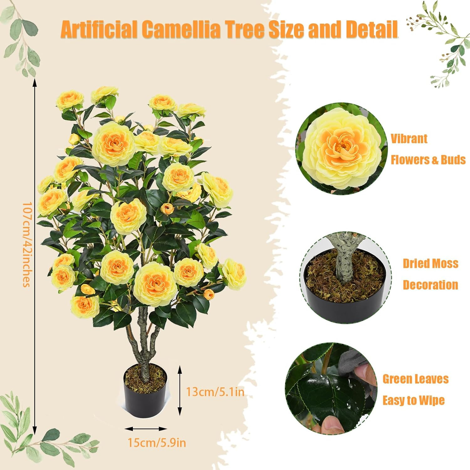 42″ Yellow Artificial Camellia Tree – 2 Pcs Faux Plant for Home & Outdoor Decor