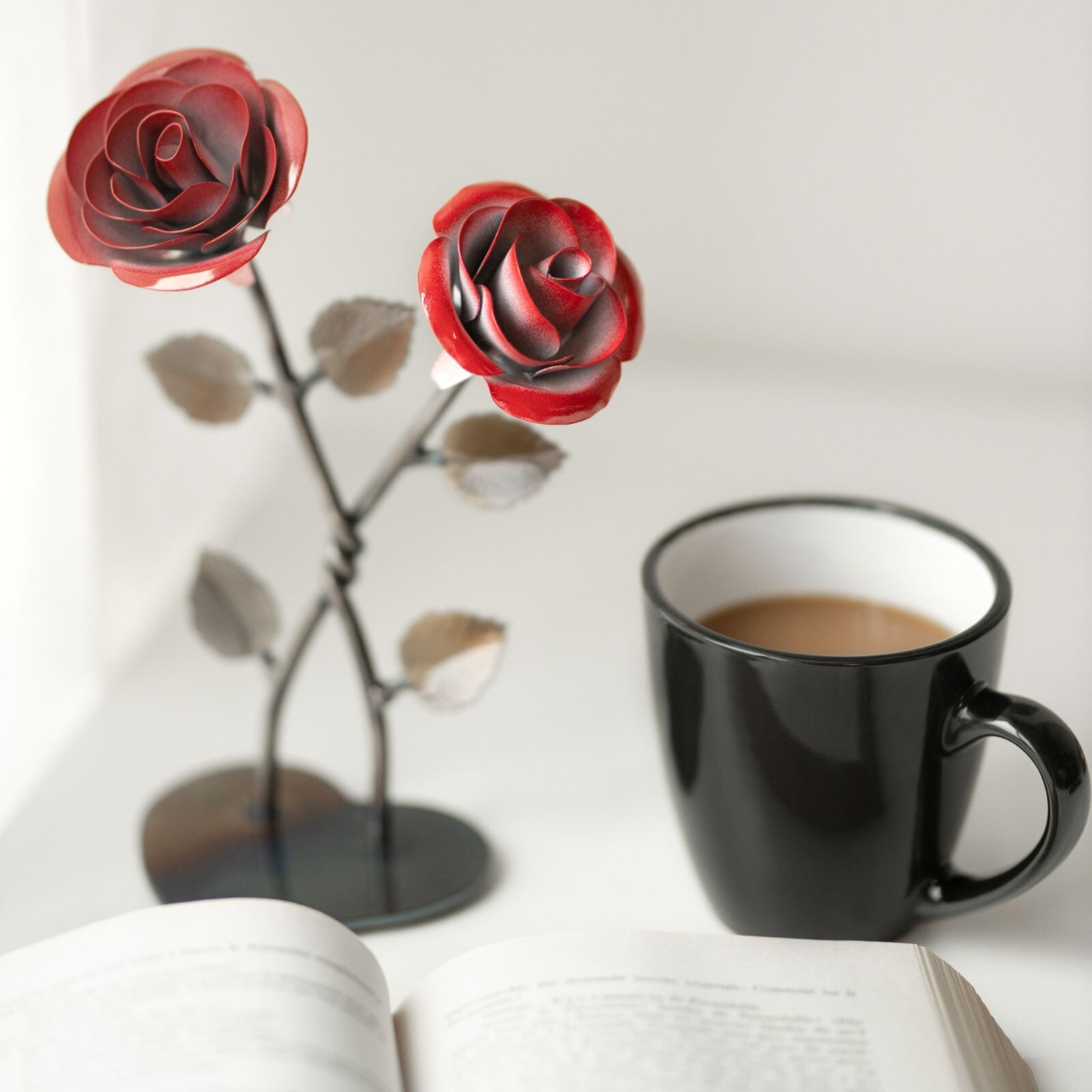 Hand-Forged Double Red Metal Rose with Twist – Iron Anniversary Gift