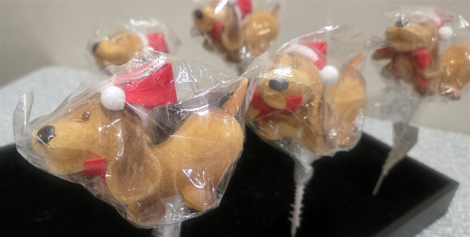 Vtg LOT of 5 Small FLOCKED DOG Wearing SANTA HAT Floral PICKS Christmas NOS