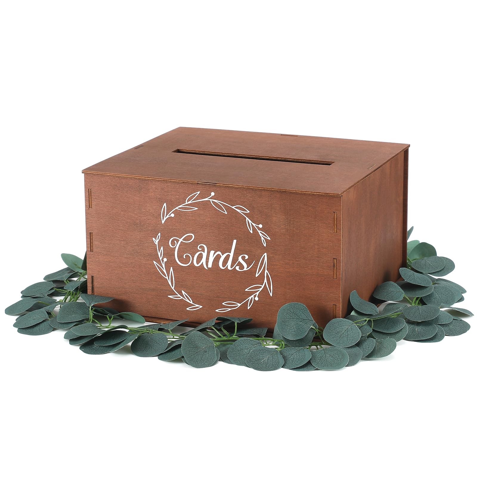 Wooden Wedding Card Box Slot Lid Artificial Eucalyptus Branch Decor
