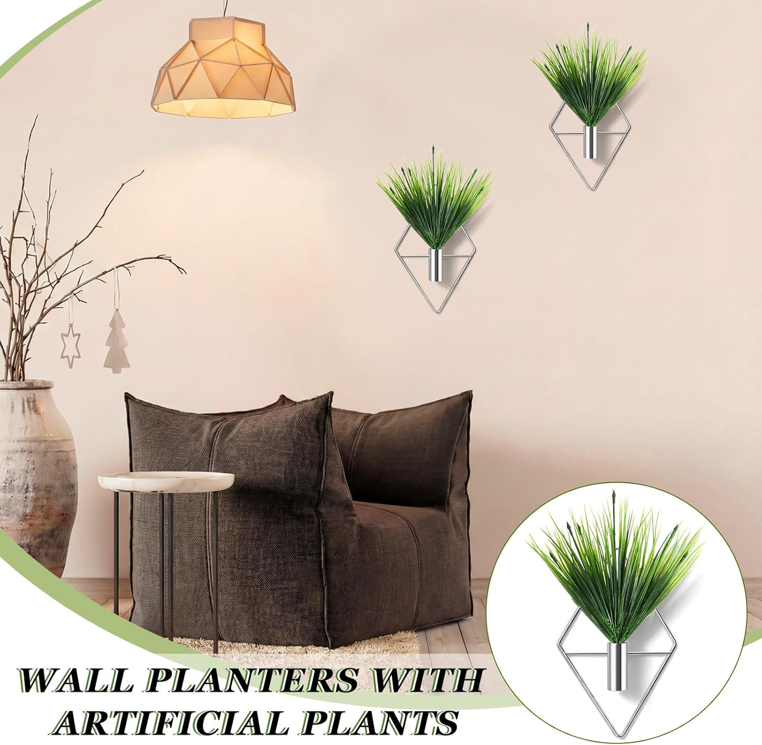 4 Pieces Silver Wall Decor Hanging Planters with Artificial Plants Metal Vase In