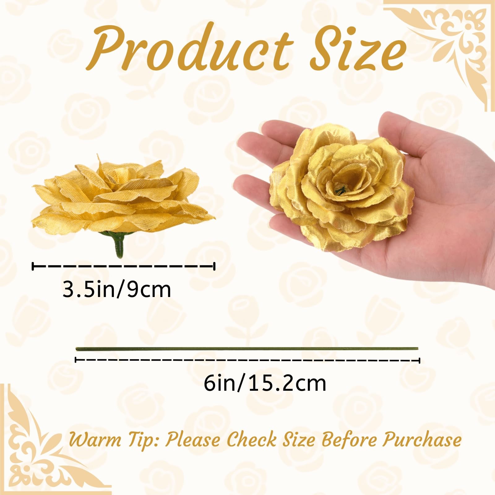 100 Pcs 3.5 Inch Gold Artificial Rose Heads with Stems, Silk Rose Faux Flower…