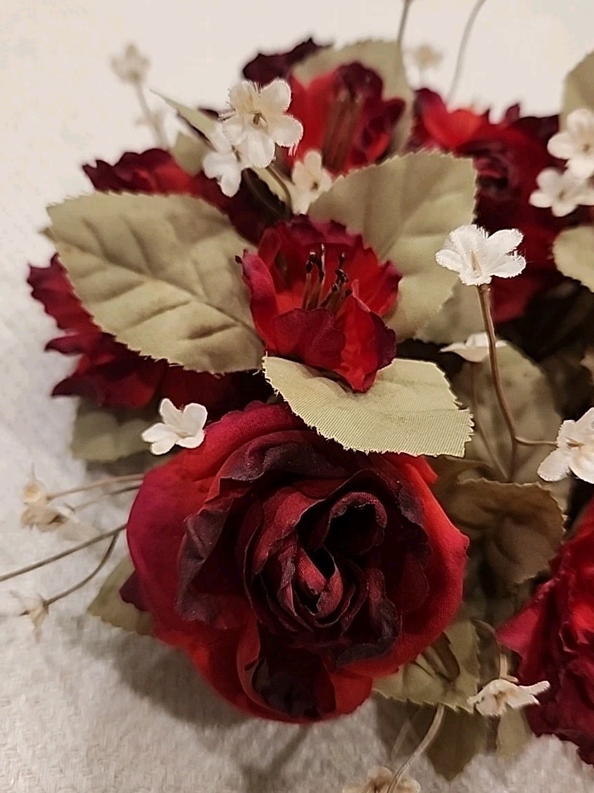 Vintage Artificial Flower Candle Ring Wreath ~ Red Roses Multi & White Flowers