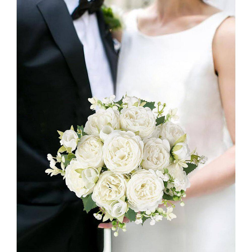 12.6 In. White Indoor Artificial Peony Flowers in Silk Bouquets for Home Decor