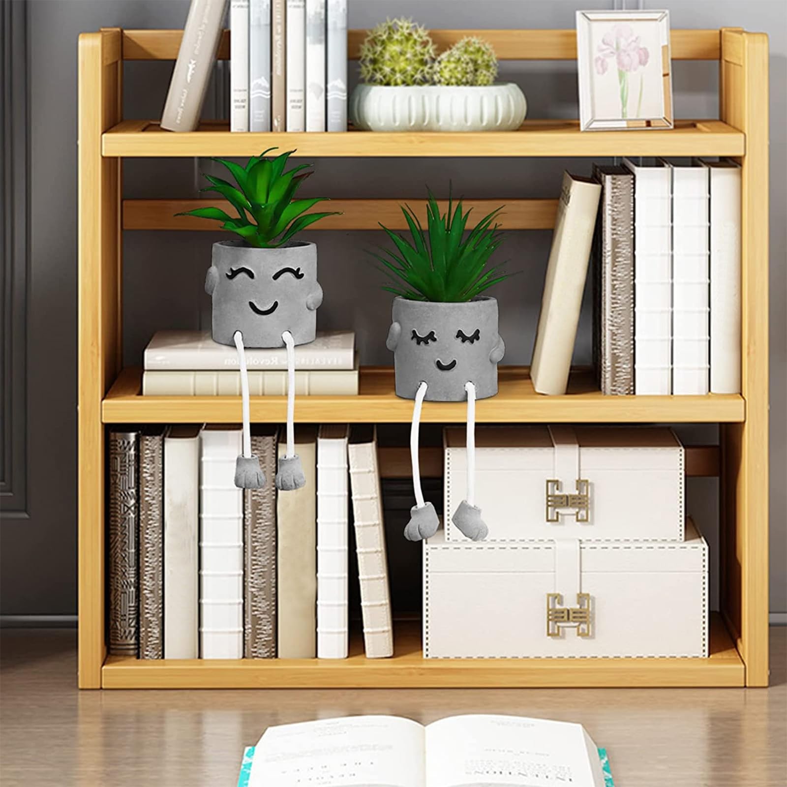 2 PCS Faux Succulent Cement Pots Hanging Legs Mini Fake Plants Shelf Decor