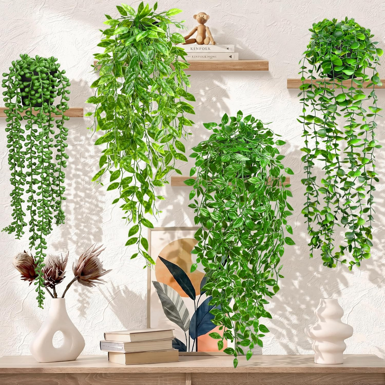 4 Pack Faux Artificial Hanging Plants, UV Resistant Fake Potted Greenery with Eu