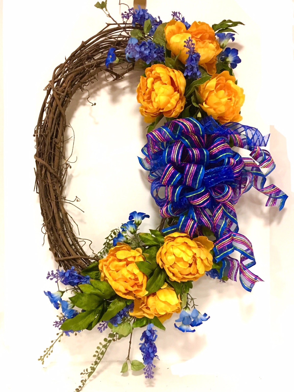 Spring Summer All Season OVAL Floral Wreath Blue Gold Yellow Indoor Outdoor 24”