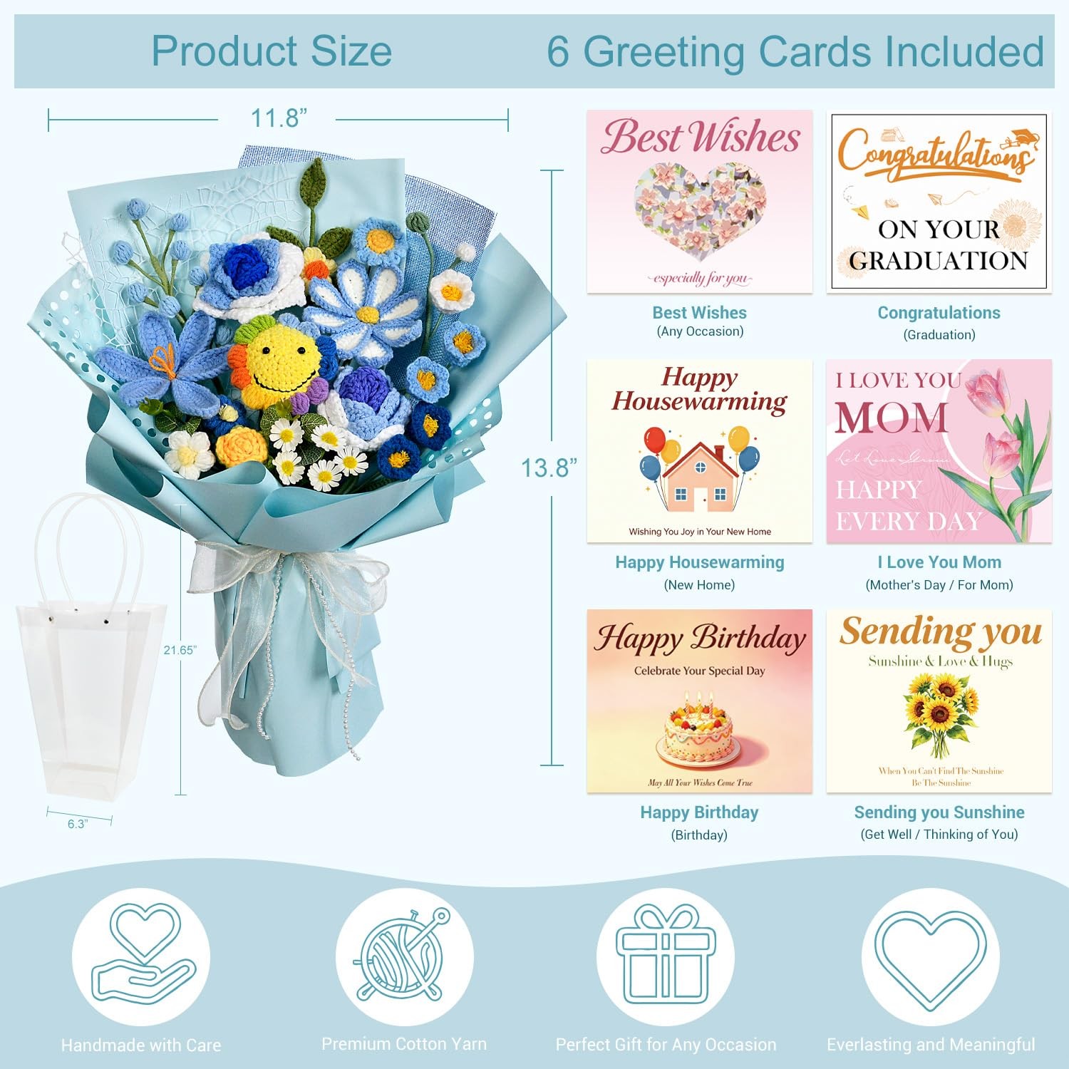Crochet Flower Bouquet, Smiling Sunflower Tulip Rose, Blue