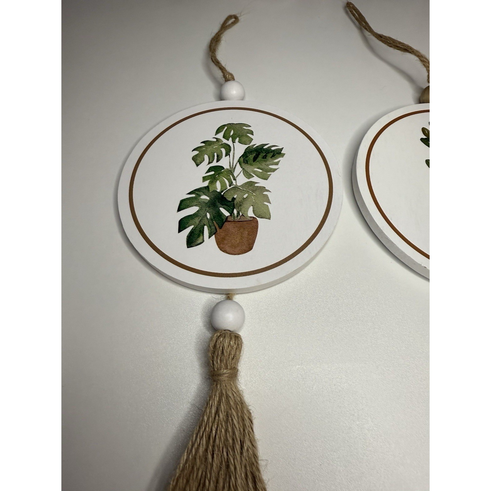 Set of 2 Wooden Plant Wall Hanging Decor Round Signs Tassel Boho Farmhouse