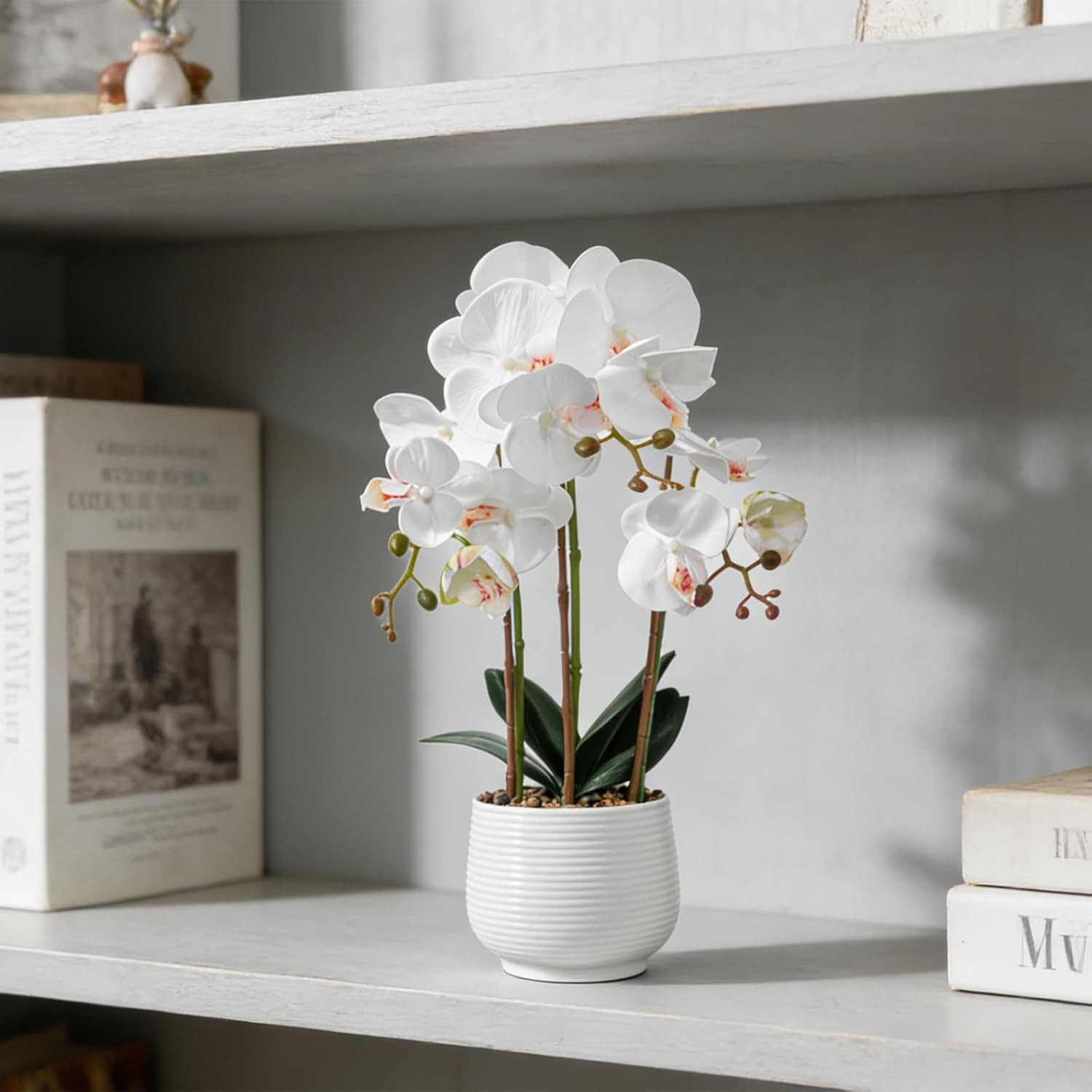 Lifelike White 3-Stem Artificial Orchid Plant in Pot for Home Decor