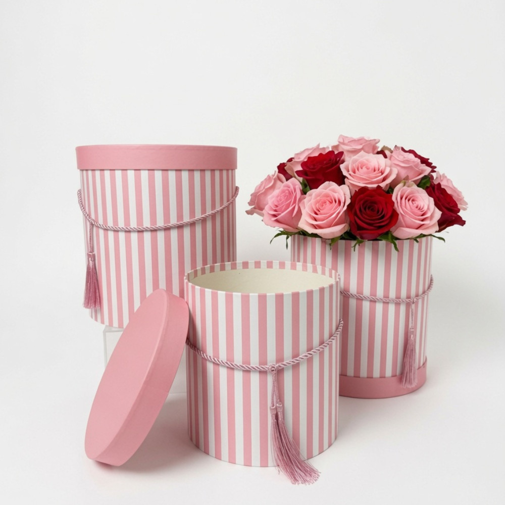 Premium Quality Round Flower Box, Floral Gift Box, Set of 3 pcs, with Stripes