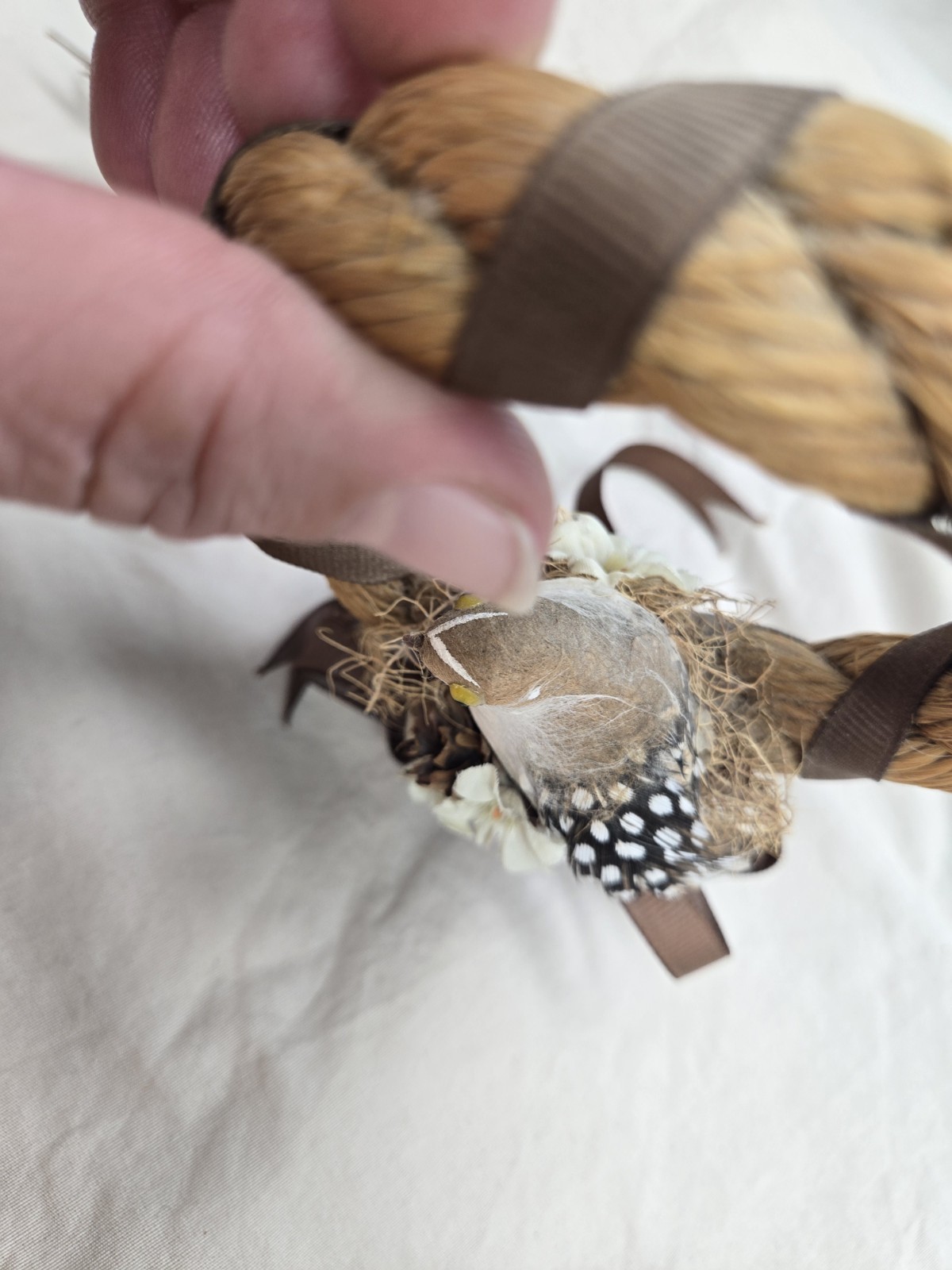 Vintage 4″ Handmade Wreath Decor Ornament~Bird Made W/Real Feathers~Cottagecore