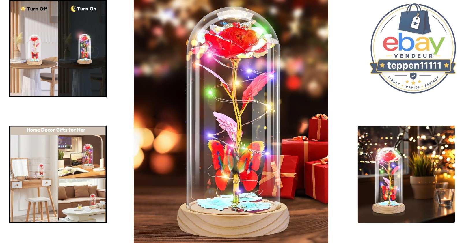Preserved Rose Flower Lamp, Glass Rose Wood Base, Home Decor