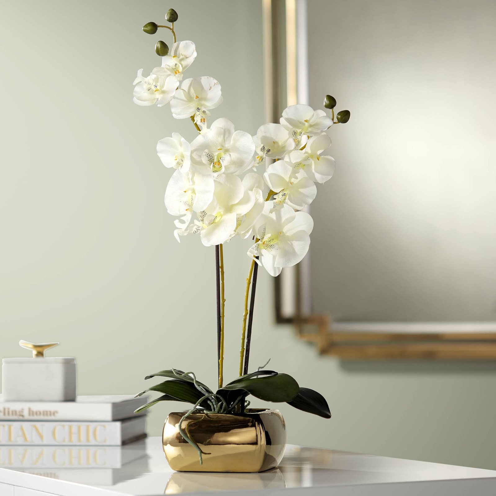 Potted Faux White Orchid Artificial Flowers Greenery in Gold Pot for Home Decor