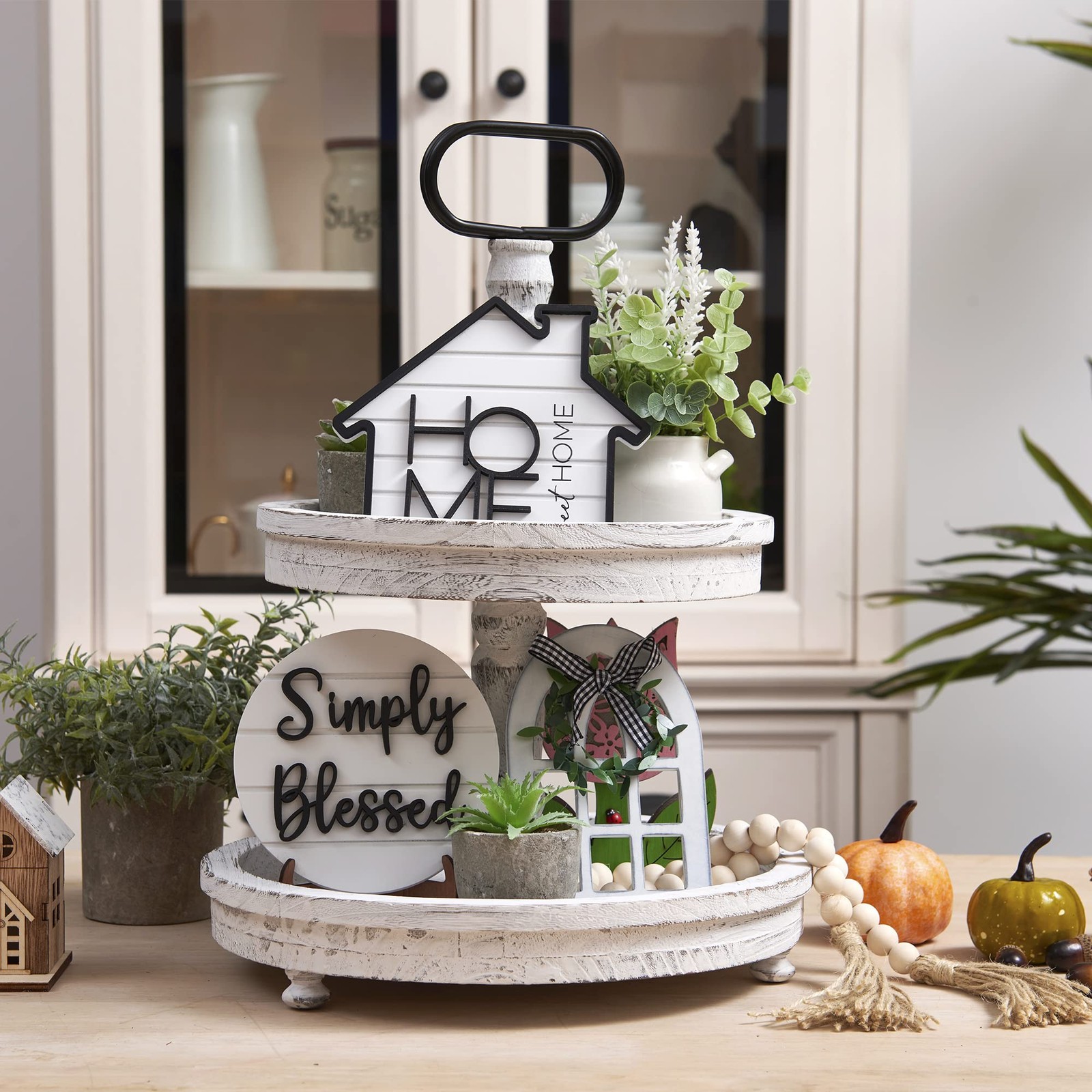 Rustic Farmhouse Tiered Tray Set with Succulent & Plant – Home Decor for Kitc…