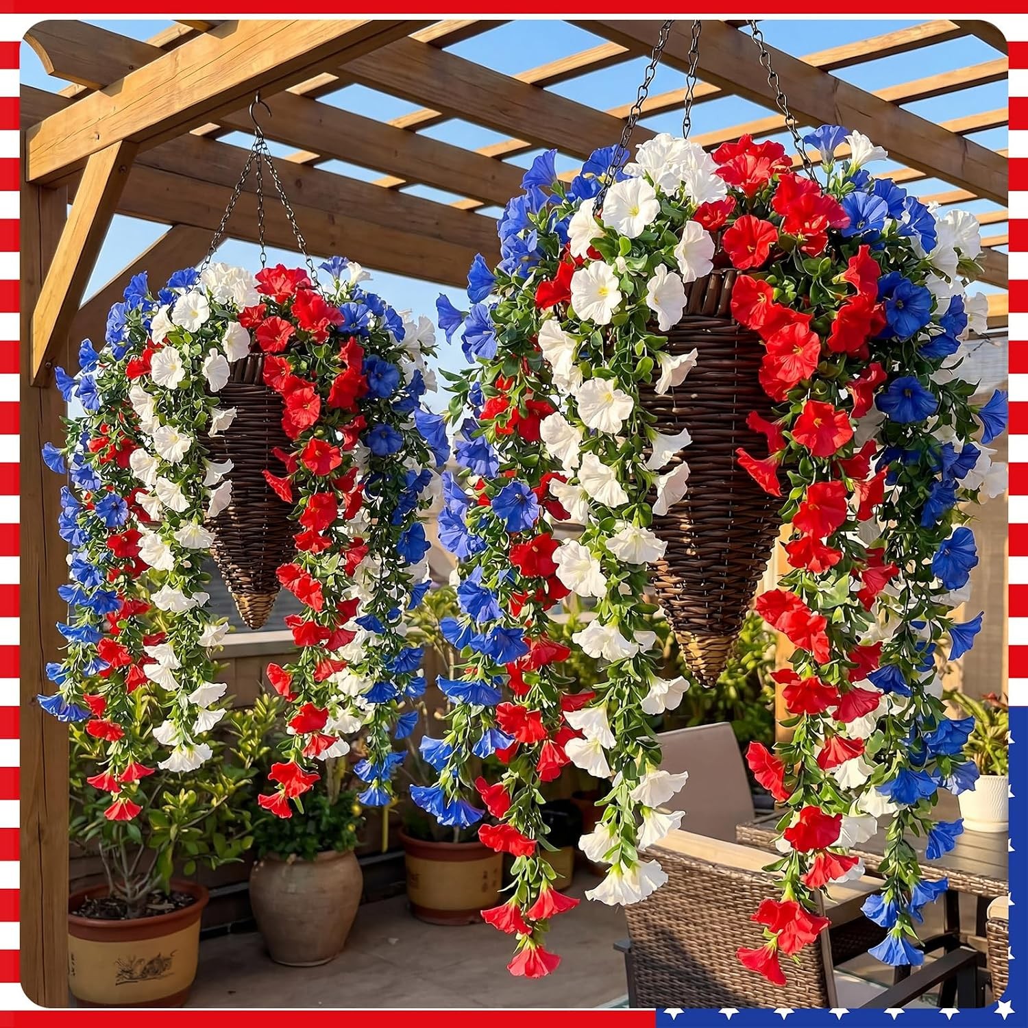 12 Pcs Red White Blue Artificial Hanging Flowers Outdoor with 2 Baskets 250th
