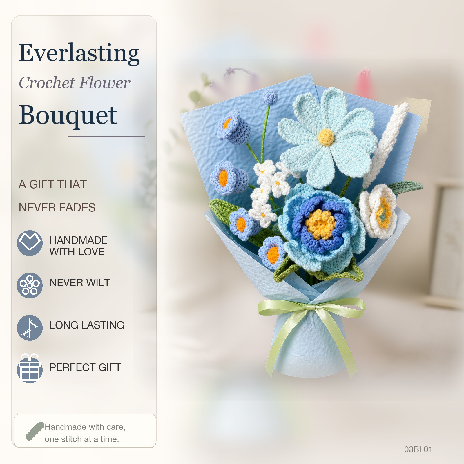 Blue White Daisy Rose Crochet Bouquet Teacher Thank You Gift