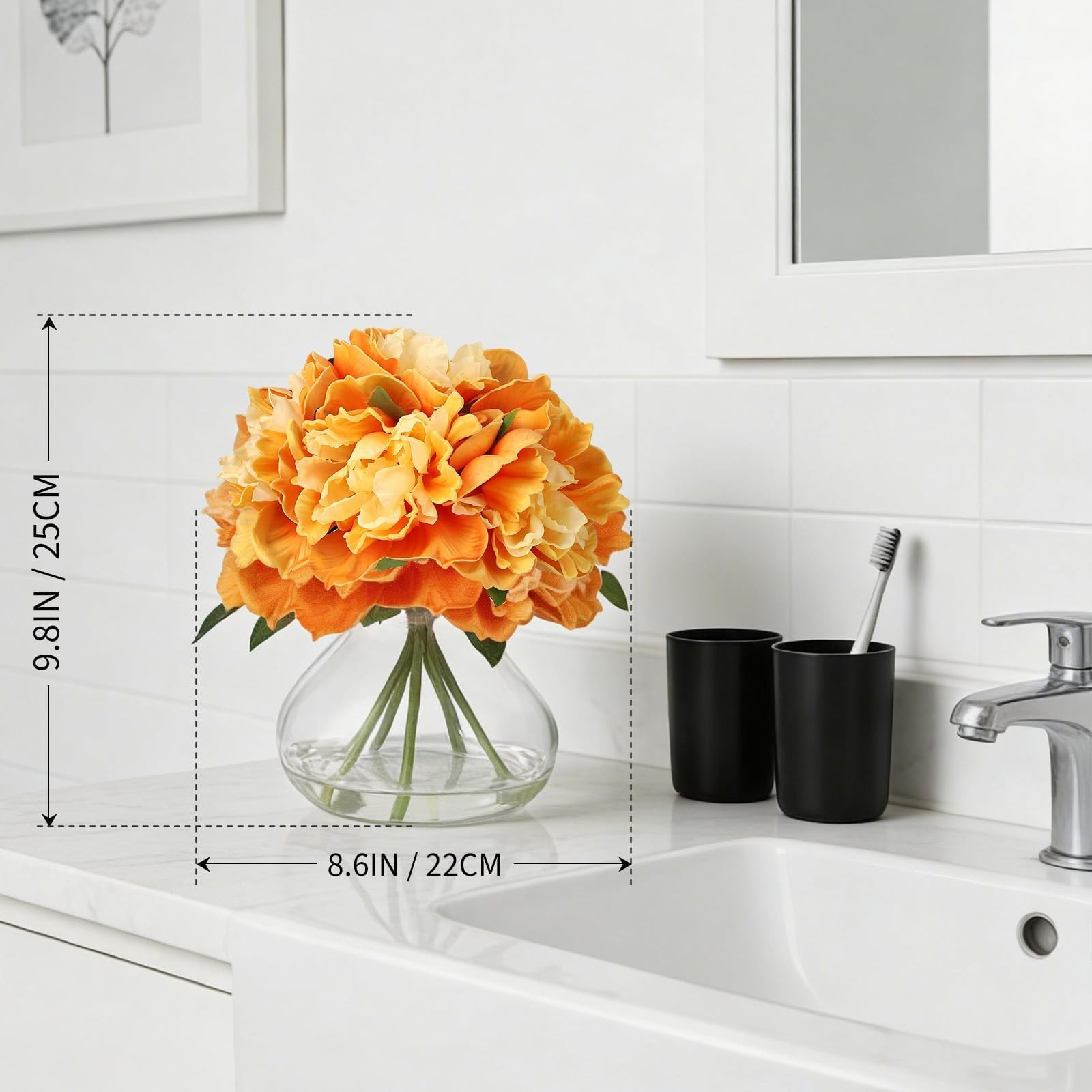 Orange Peony Bouquet in Glass Vase 6 Piece Artificial Flower Arrangement wit…