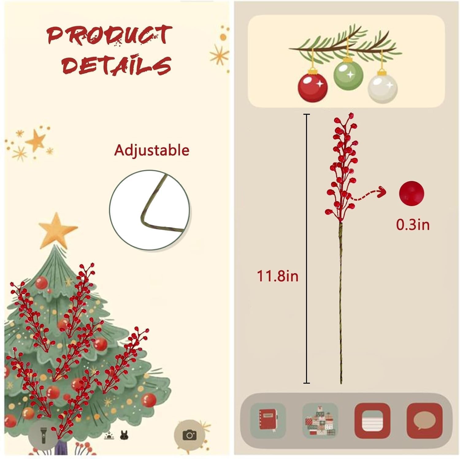 Artificial Red Berry 8 Pack Holly Red Christmas Berries Stems for Xmas Tree Deco