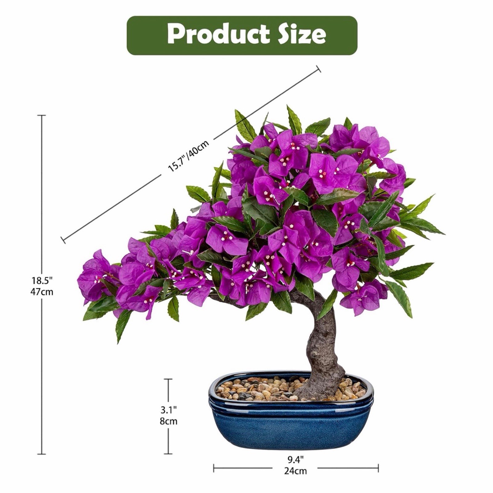 18.5” Purple Bougainvillea Bonsai Tree Blue Pot Artificial Silk Plant Decor