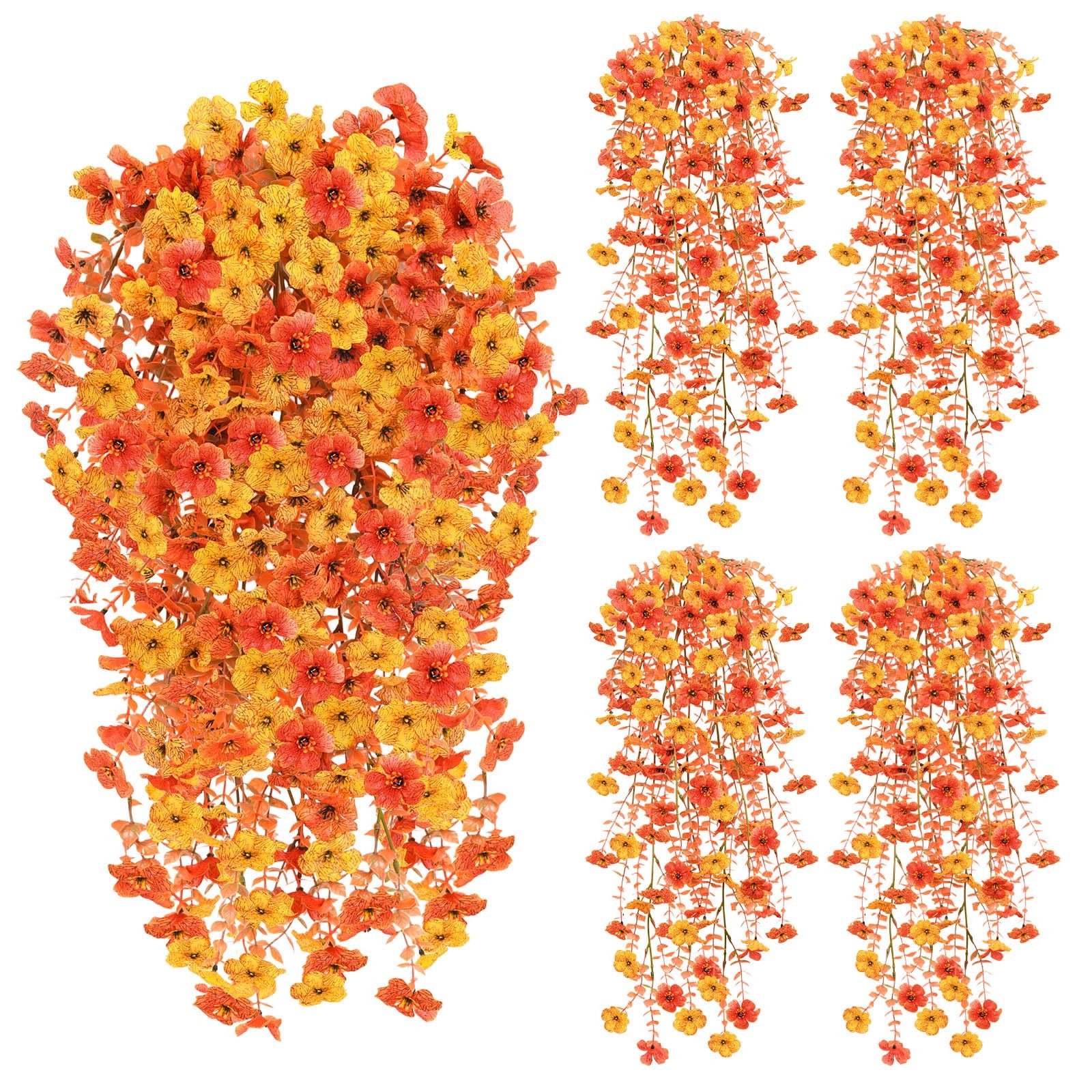 4Pcs Artificial Hanging Flowers UV Resistant Silk Faux Orange Yellow for Garden