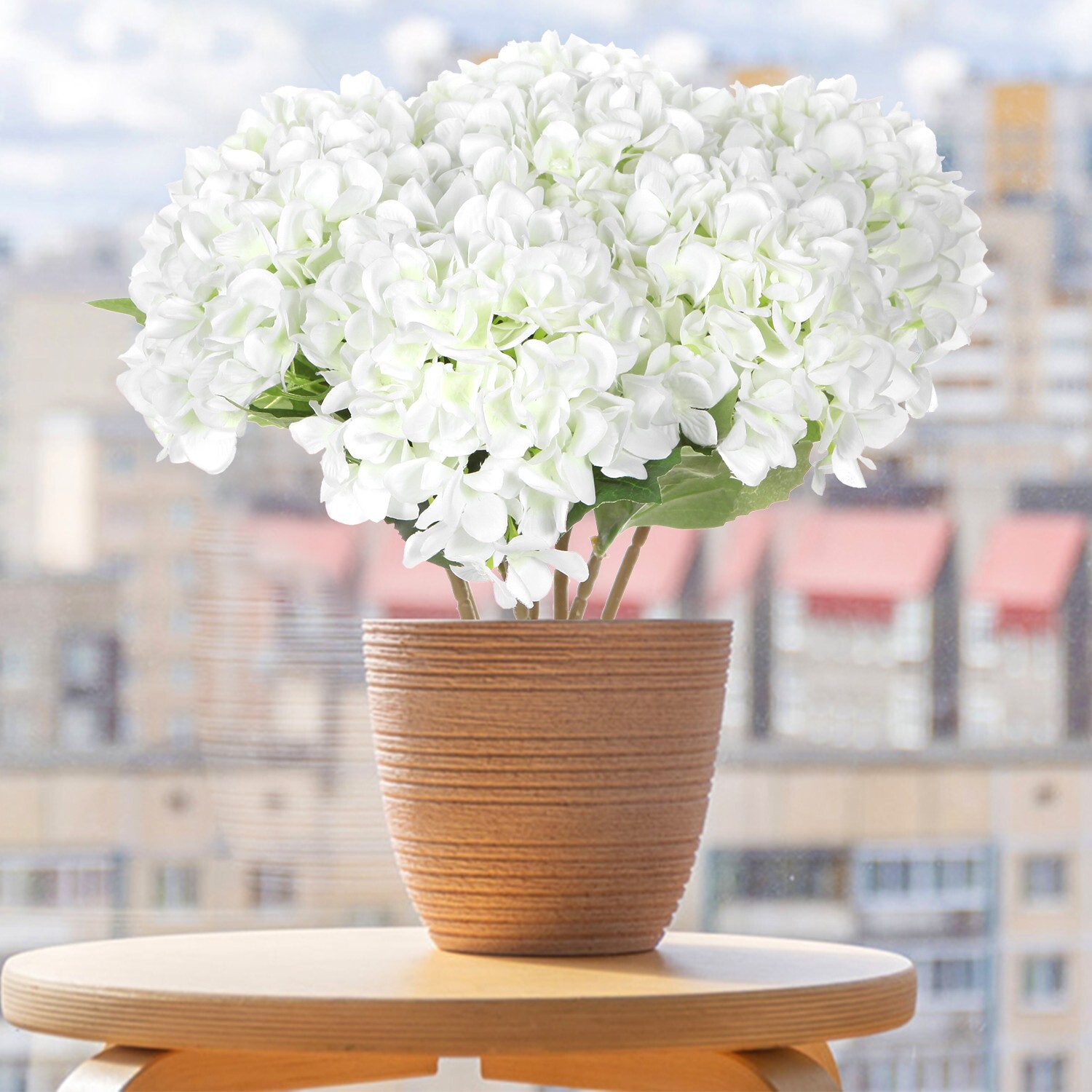 EZFLOWERY 5 Pcs Artificial Silk Hydrangea Flowers 18” Bouquet Arrangement White