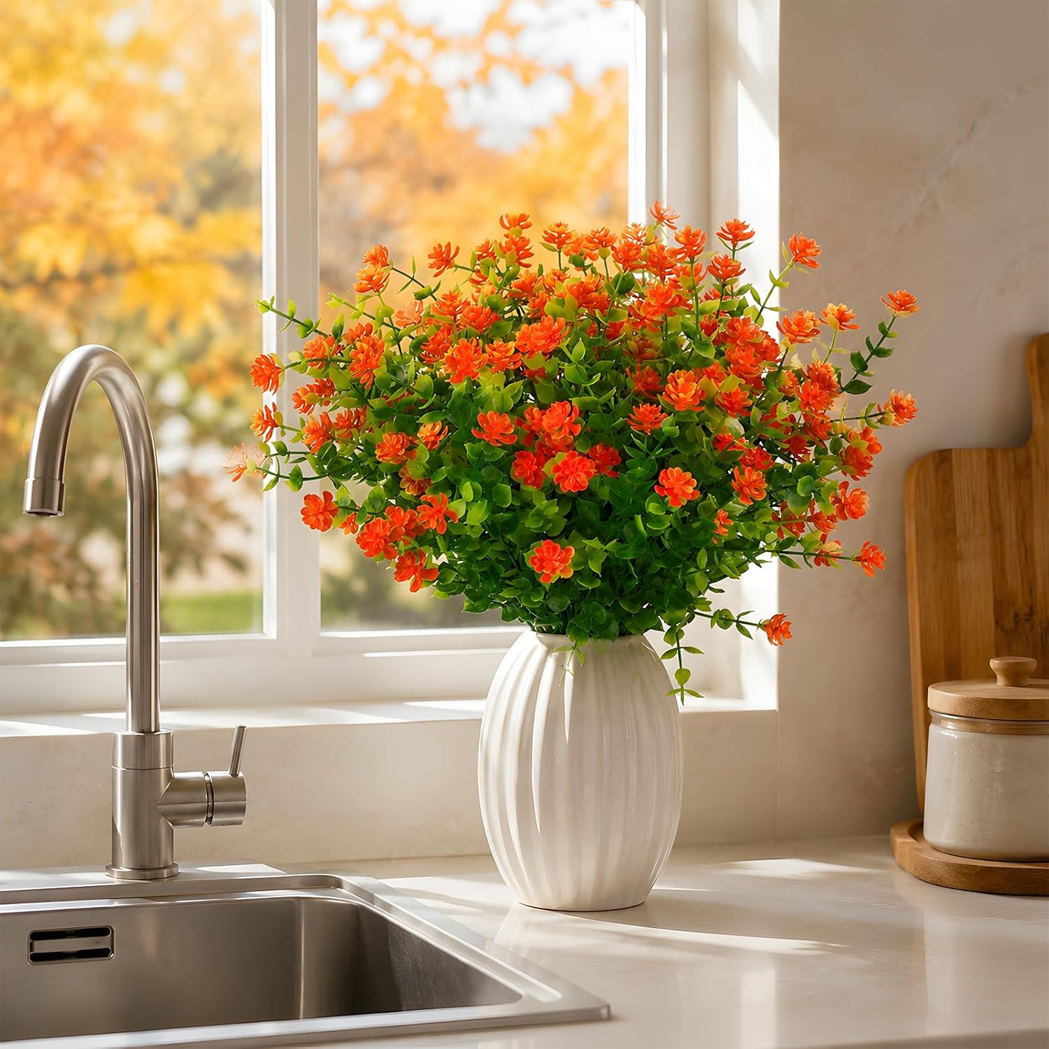 24 Pcs Artificial Mums for Outdoors, Fall Flowers (Orange Red) | No Fade Fake Pl