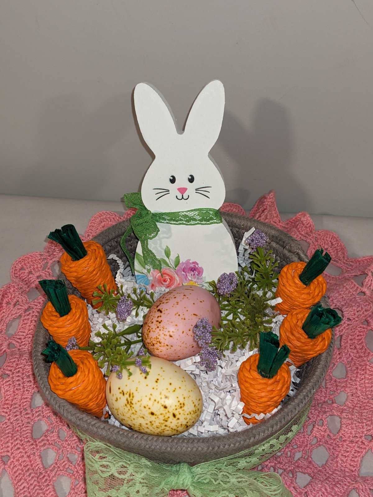 Easter Bunny Eggs Carrots Rope Basket Decor~Floral Arrangement Vingette