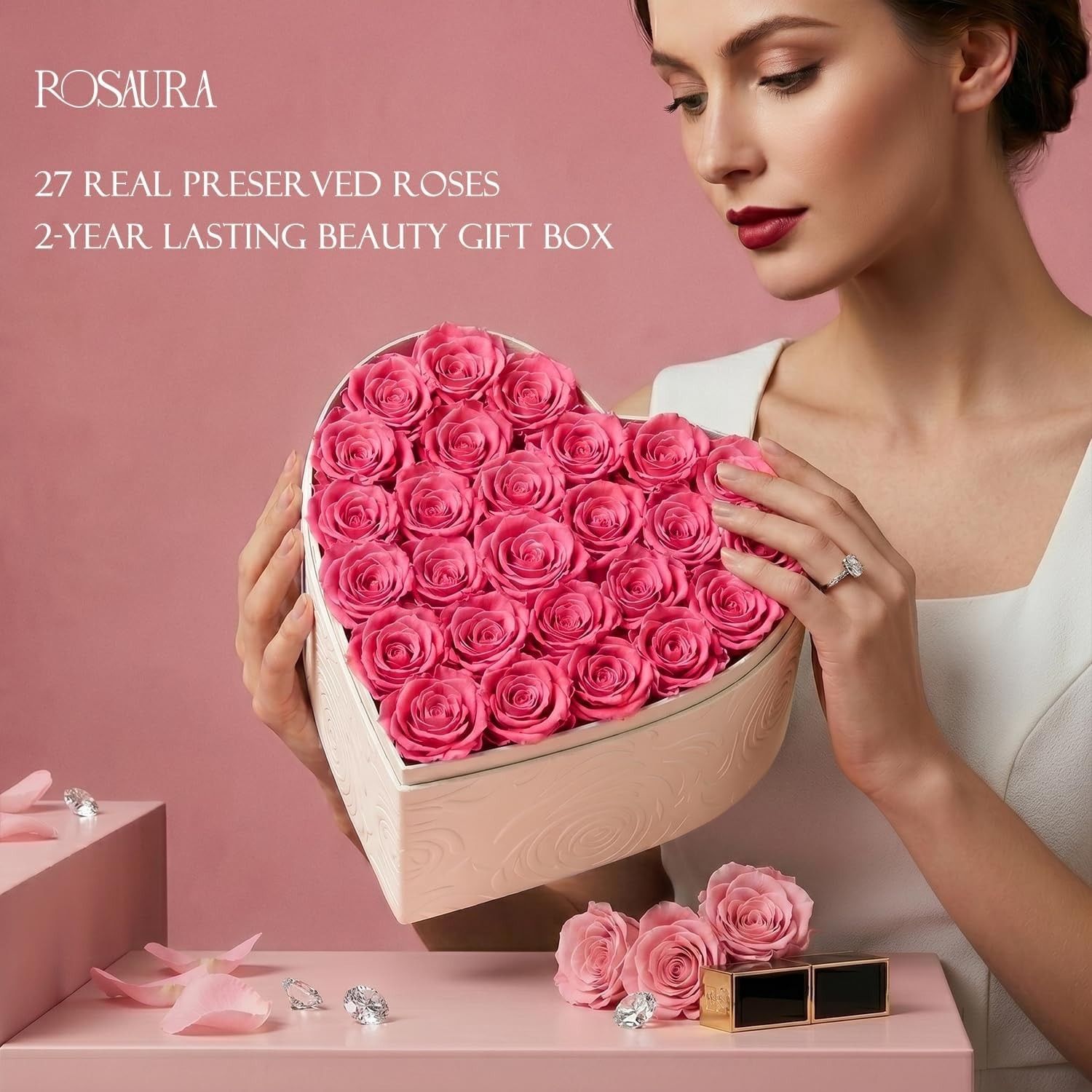 27 Preserved Roses in White Heart Box – Forever Flowers Gift, Eternal Real Ro…