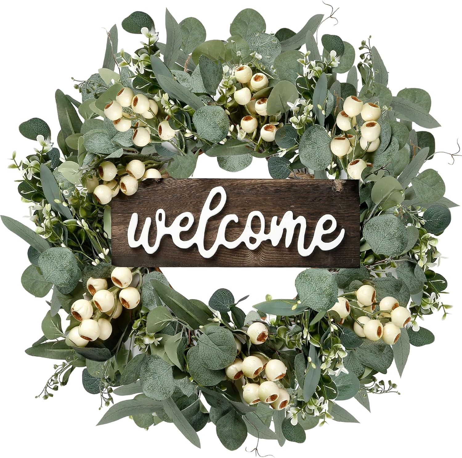 Green Artificial Eucalyptus Wreath with Welcome Sign 20In Spring Summer Wreath w