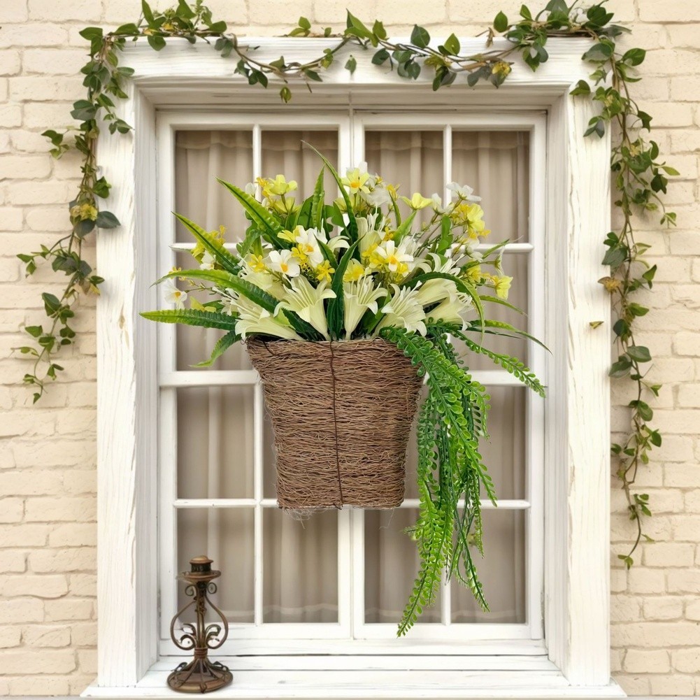 Handmade Floral Wreath with Lily Design Plastic Wire for Home Outdoor Decor