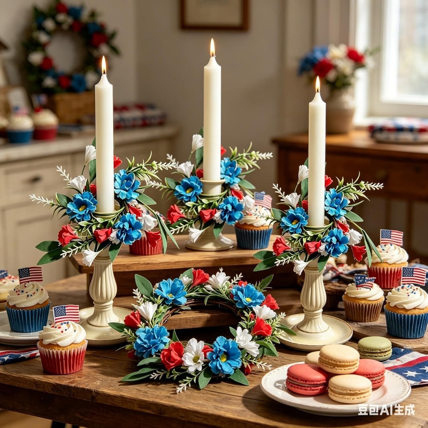 6 Pcs 1.38″ Mini Taper Candle Rings Wreaths 4th of July Table Decor Candle Holde