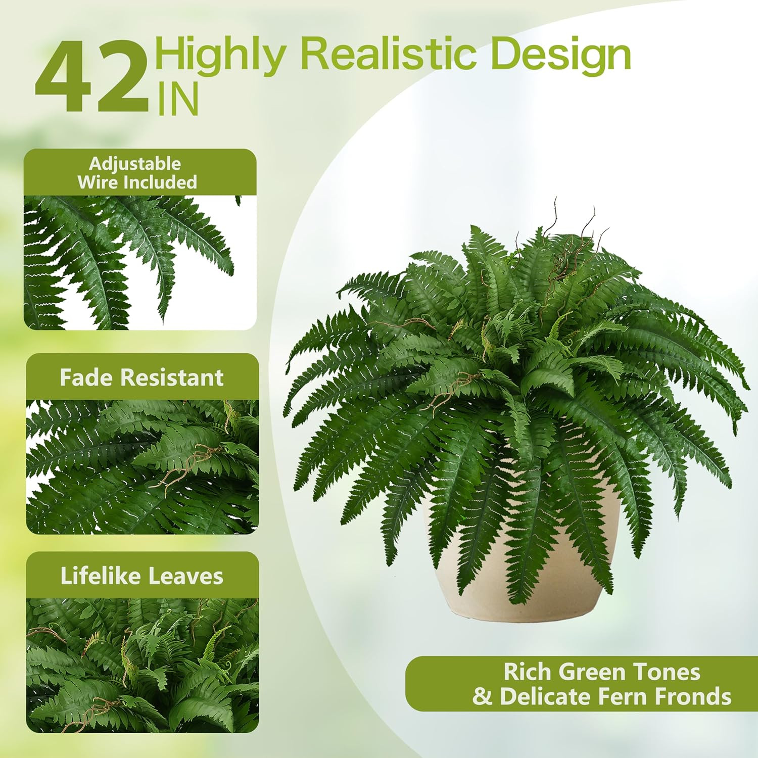 42In Artificial Boston Ferns Bush, Set of 2 Large Faux Ferns Plants, 79 Branches