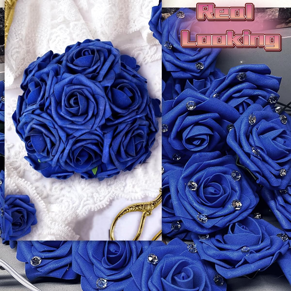 50pcs Artificial Flowers Foam Fake Rose with Stems 12 Leaves Real Looking Fau…