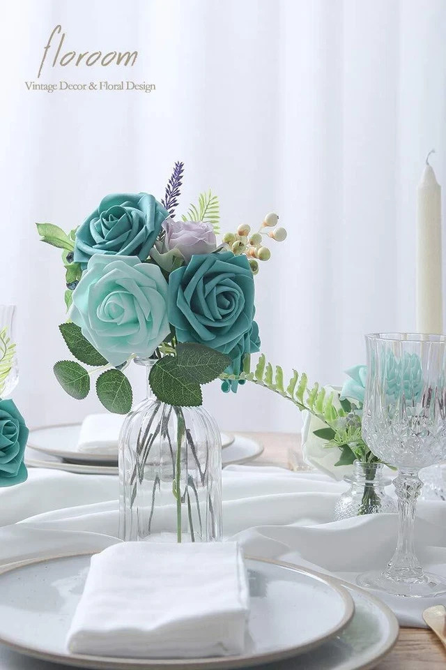 Artificial Flowers 25pcs Real Looking Teal Green Foam Fake Roses with Stems f…